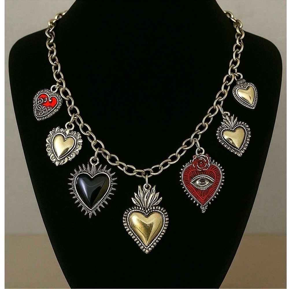 New Black Corazon Sagrado Sacred Heart Charm Necklace Chunky Religious Spanish